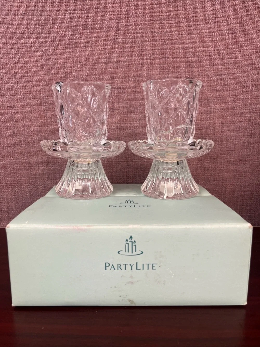The PartyLite Quilted Crystal Pair -clear diamond-quilted glass Votive Holders